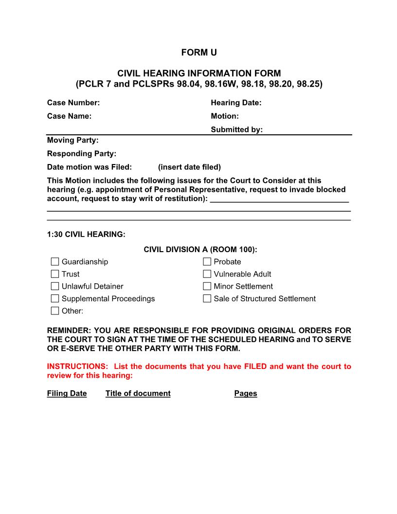Civil Hearing Information {Form U} | Pdf Fpdf Docx | Washington