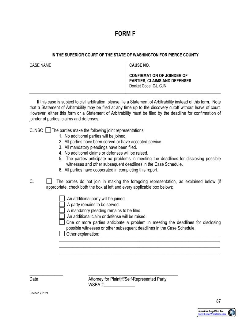 Confirmation Of Joinder Of Parties Claims And Defenses {Form F} | Pdf Fpdf Docx | Washington