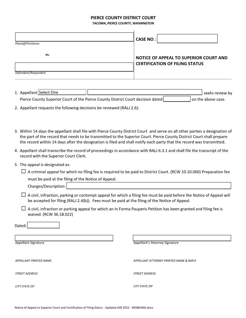 Notice Of Appeal To Superior Court And Certification | Pdf Fpdf Doc Docx | Washington