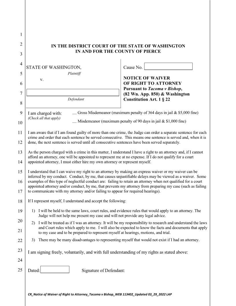 Notice Of Waiver Of Right To Attorney | Pdf Fpdf Docx | Washington