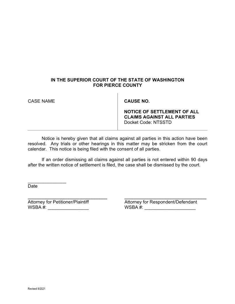 Notice Of Settlement Of All Claims Against All Parties | Pdf Fpdf Doc Docx | Washington