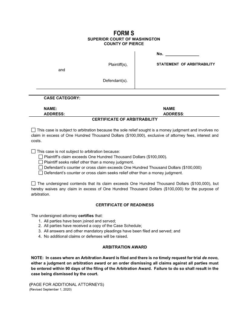 Statement Of Arbitrability {Form S} | Pdf Fpdf Doc Docx | Washington
