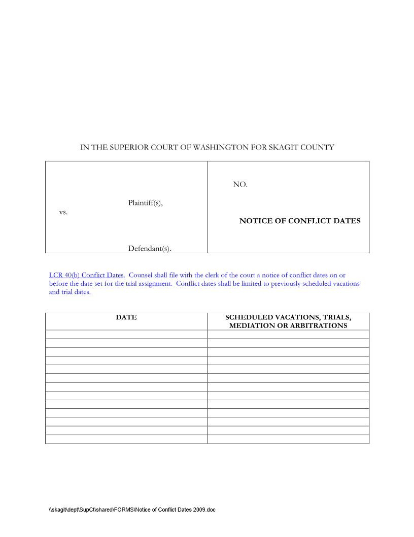 Notice Of Conflict Dates | Pdf Fpdf Doc Docx | Washington