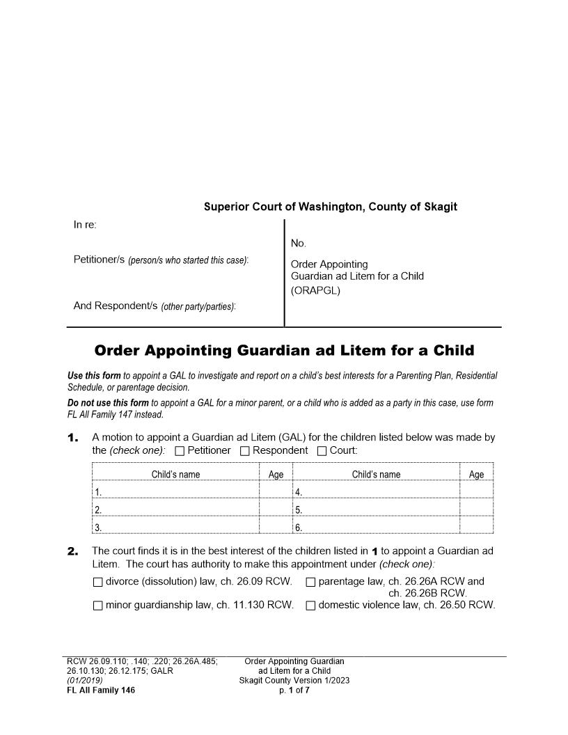 Order Appointing Guardian Ad Litem For A Child | Pdf Fpdf Docx | Washington