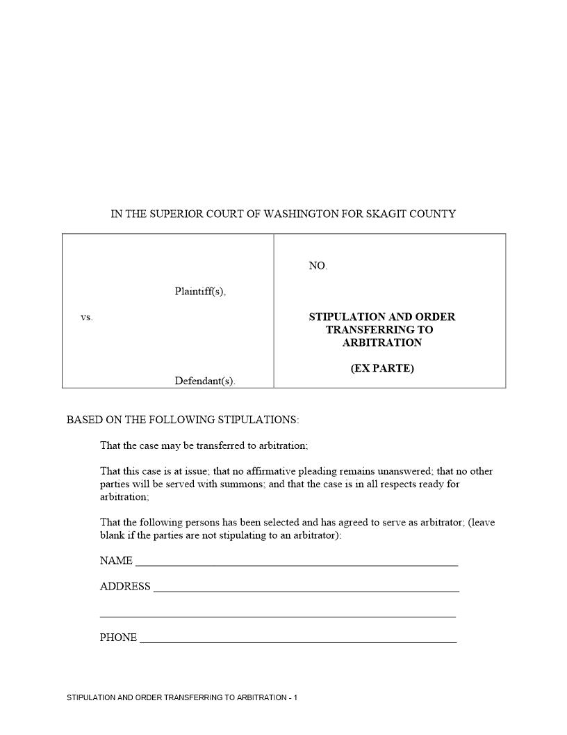 Stipulation And Order Transferring To Arbitration | Pdf Fpdf Doc Docx | Washington