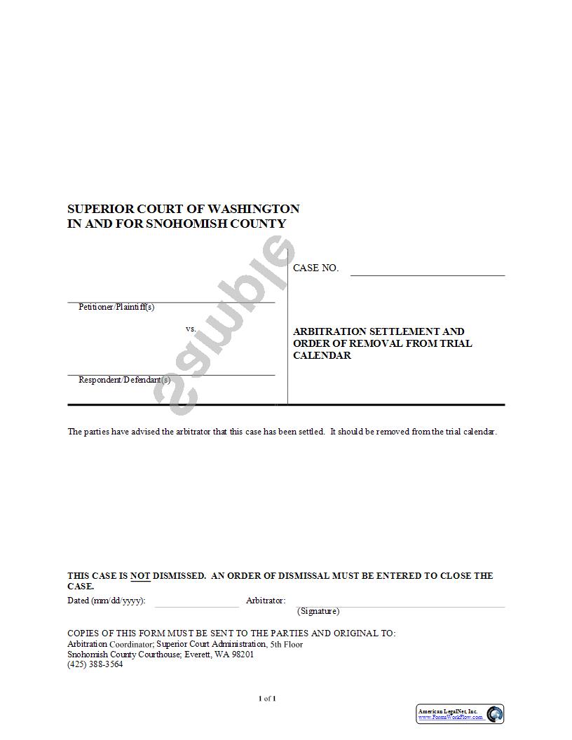 Arbitration Settlement And Order Of Removal From Trial Calendar | Pdf Fpdf Docx | Washington