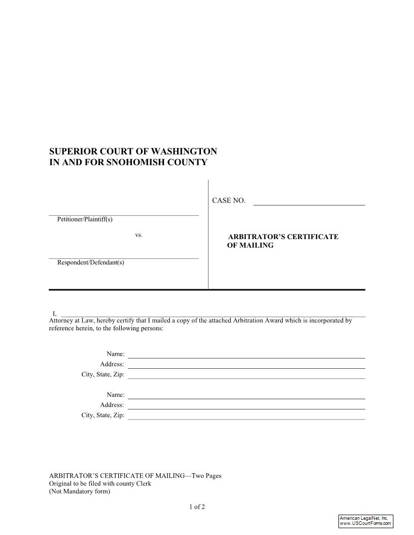 Arbitrators Certificate Of Mailing | Pdf Fpdf Docx | Washington