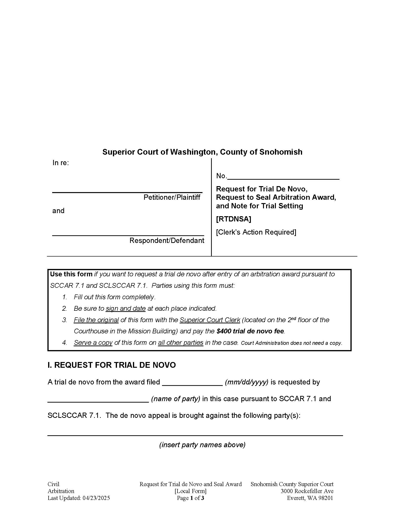 Request For Trial De Novo Sealing Of Award And Note For Trial Setting | Pdf Fpdf Docx | Washington