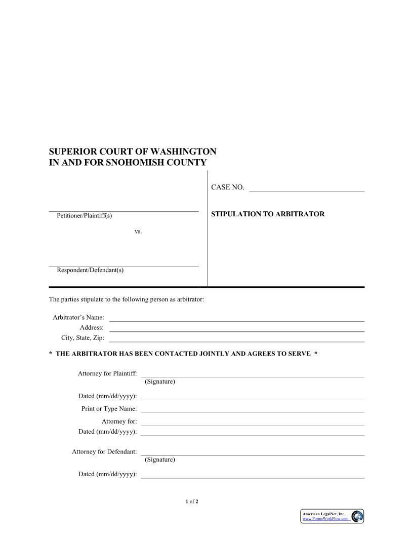 Stipulation To Arbitrator | Pdf Fpdf Docx | Washington