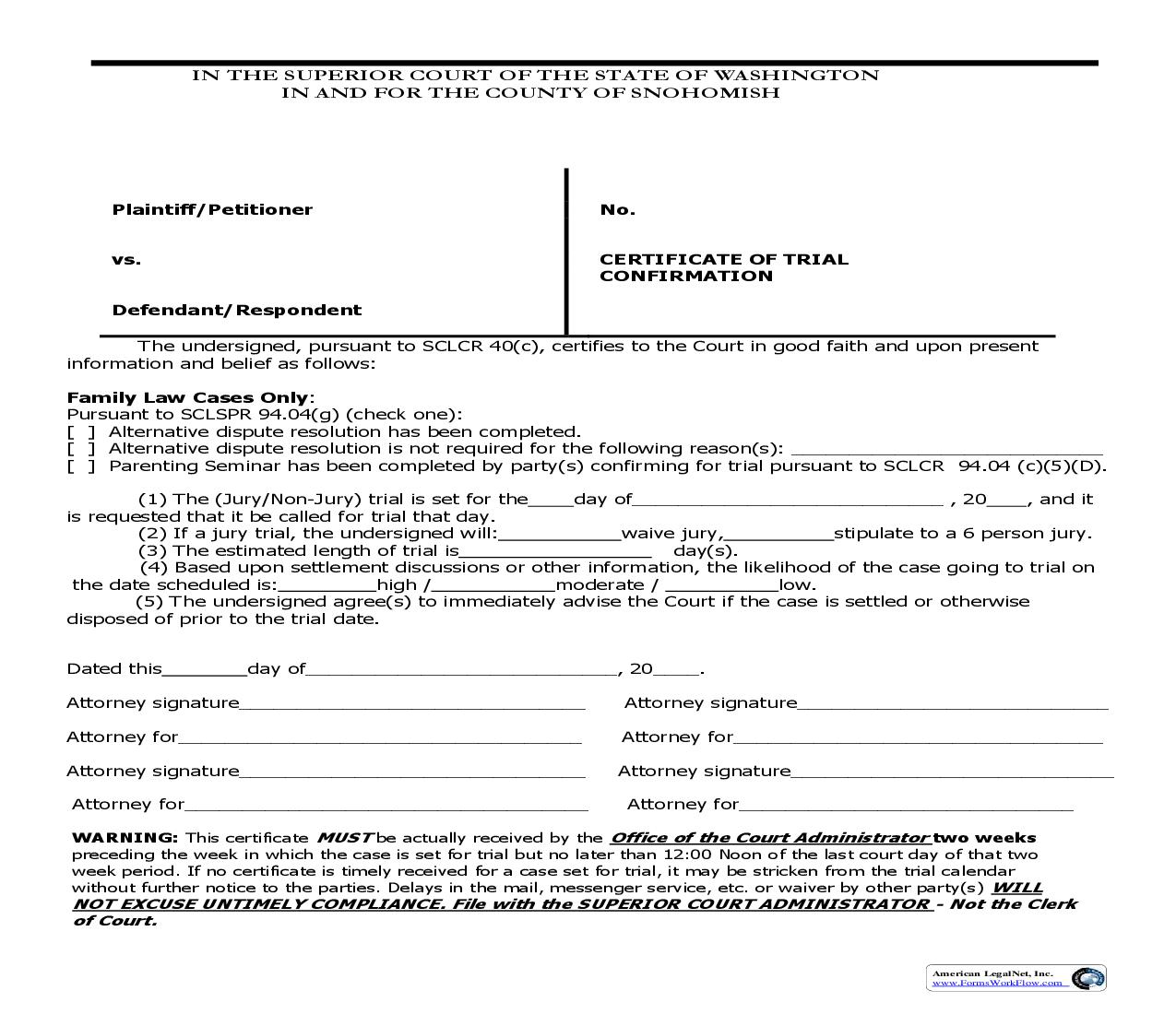 Certificate Of Trial Confirmation | Pdf Fpdf Doc Docx | Washington