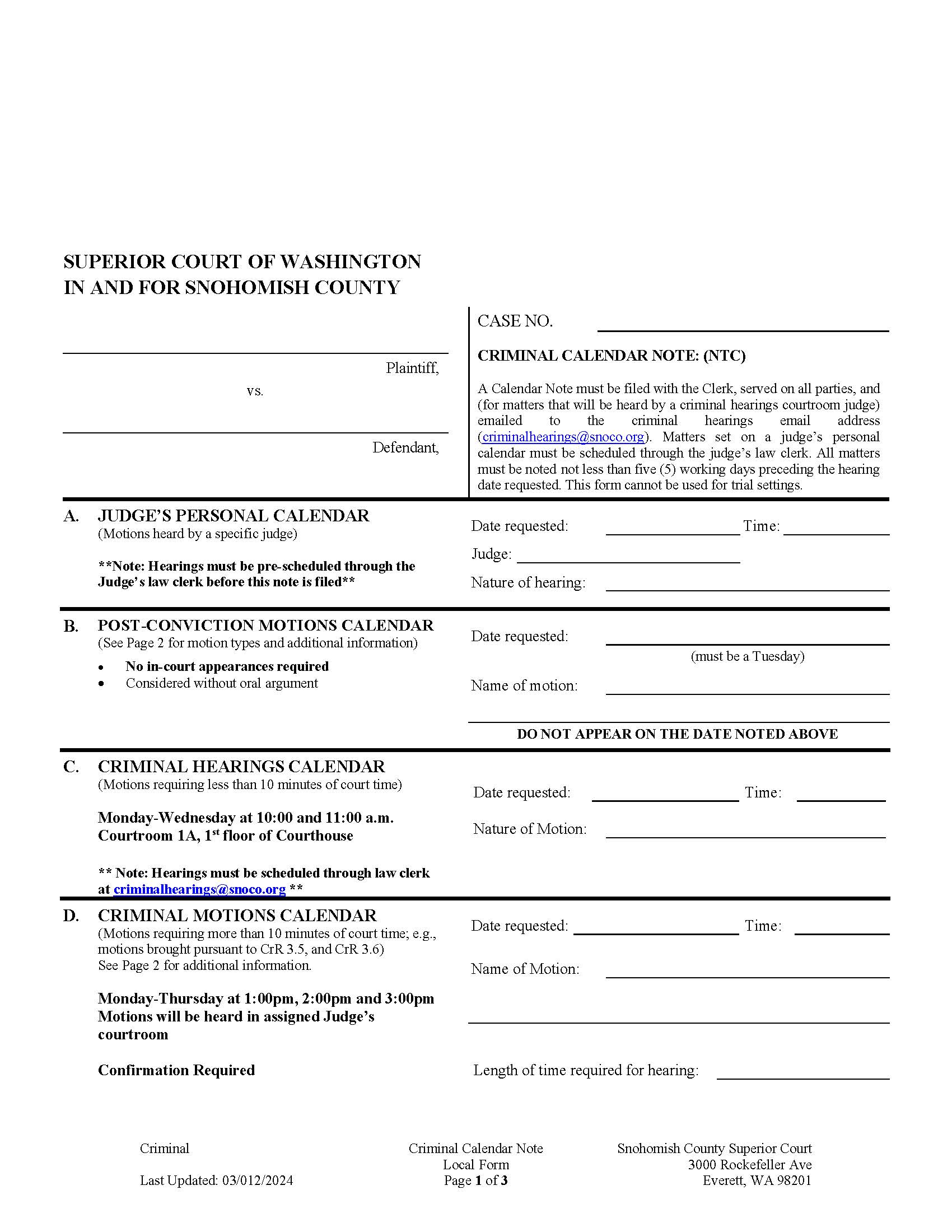 Criminal Calendar Note | Pdf Fpdf Docx | Washington