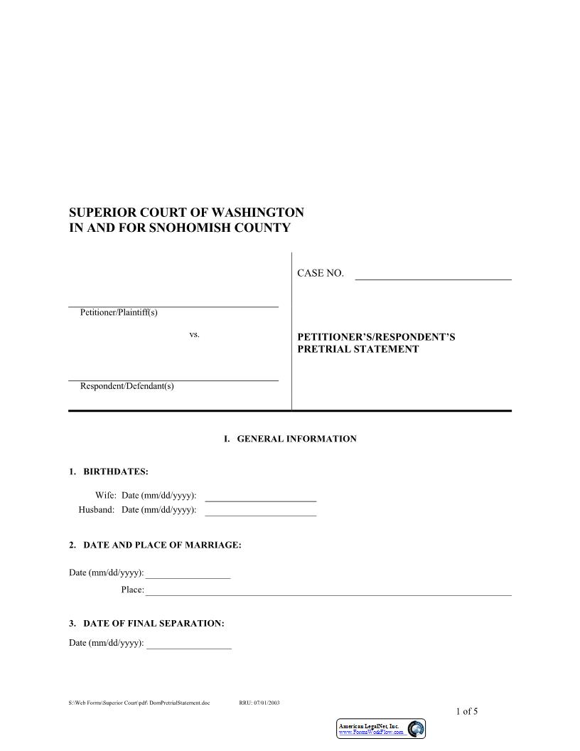Petitioners Respondents Pretrial Statement | Pdf Fpdf Docx | Washington