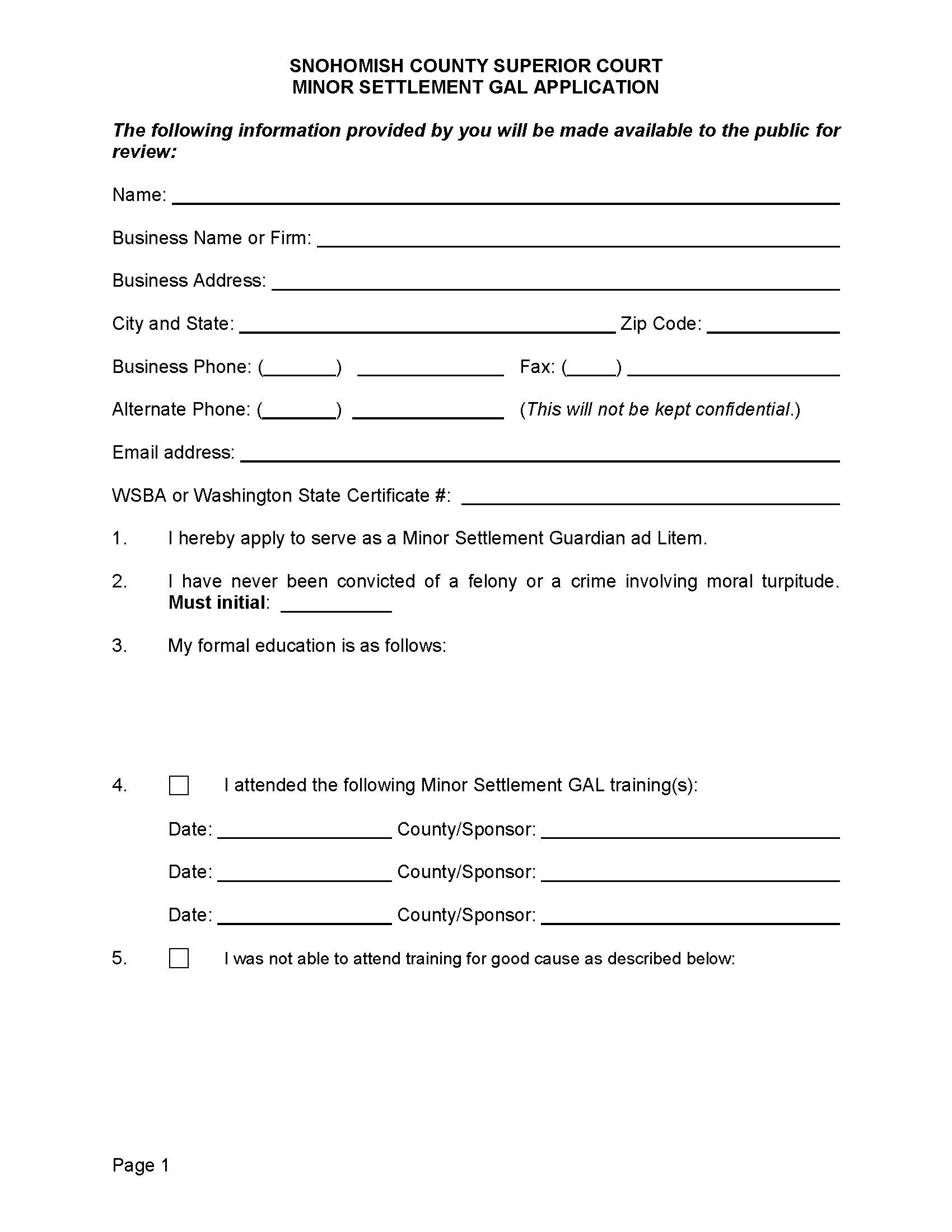 Minor Settlement GAL Application | Pdf Fpdf Docx | Washington