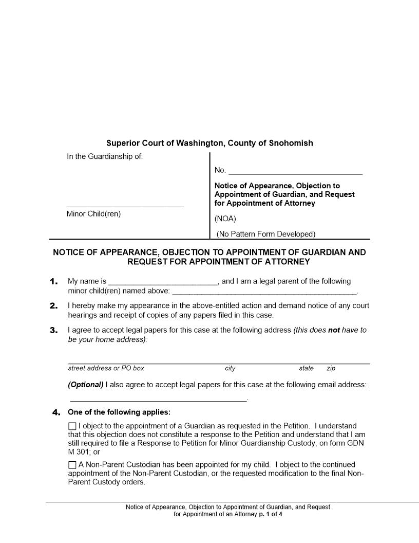 Notice Of Appearance Objection To Appointment Of Guardian | Pdf Fpdf Docx | Washington