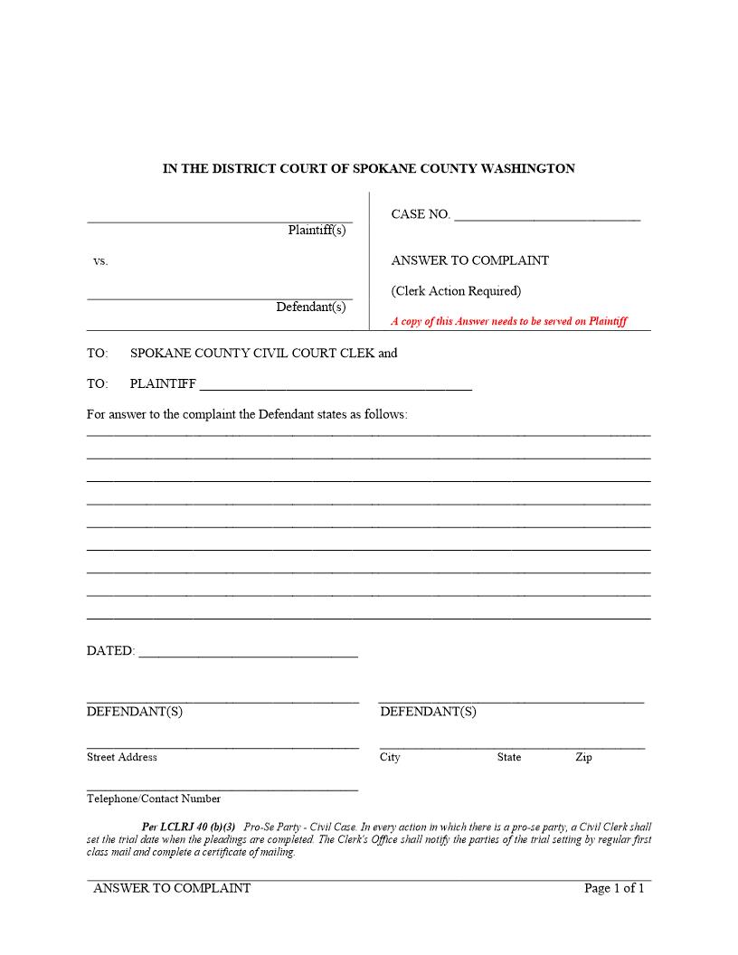Civil Pro Se Answer To Complaint | Pdf Fpdf Docx | Washington