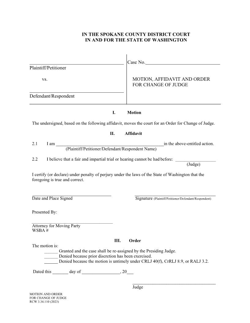Motion Certificate And Order For Change Of Judge | Pdf Fpdf Docx | Washington