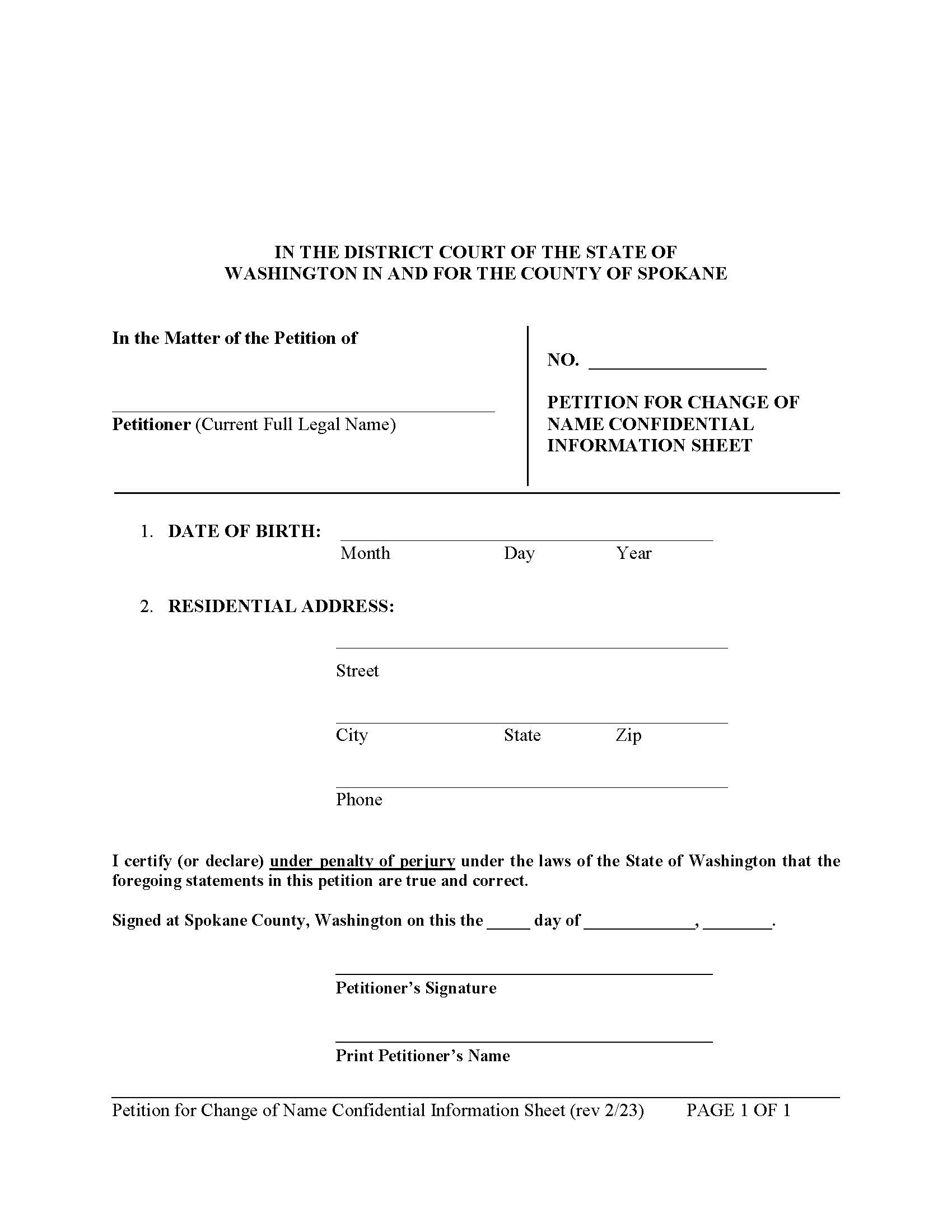 Petition For Change Of Name Confidential Information Sheet | Pdf Fpdf Docx | Washington