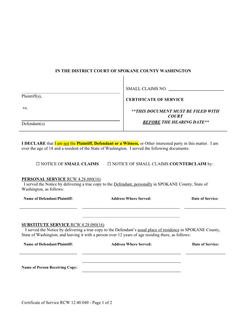 Certificate Of Service | Pdf Fpdf Doc Docx | Washington