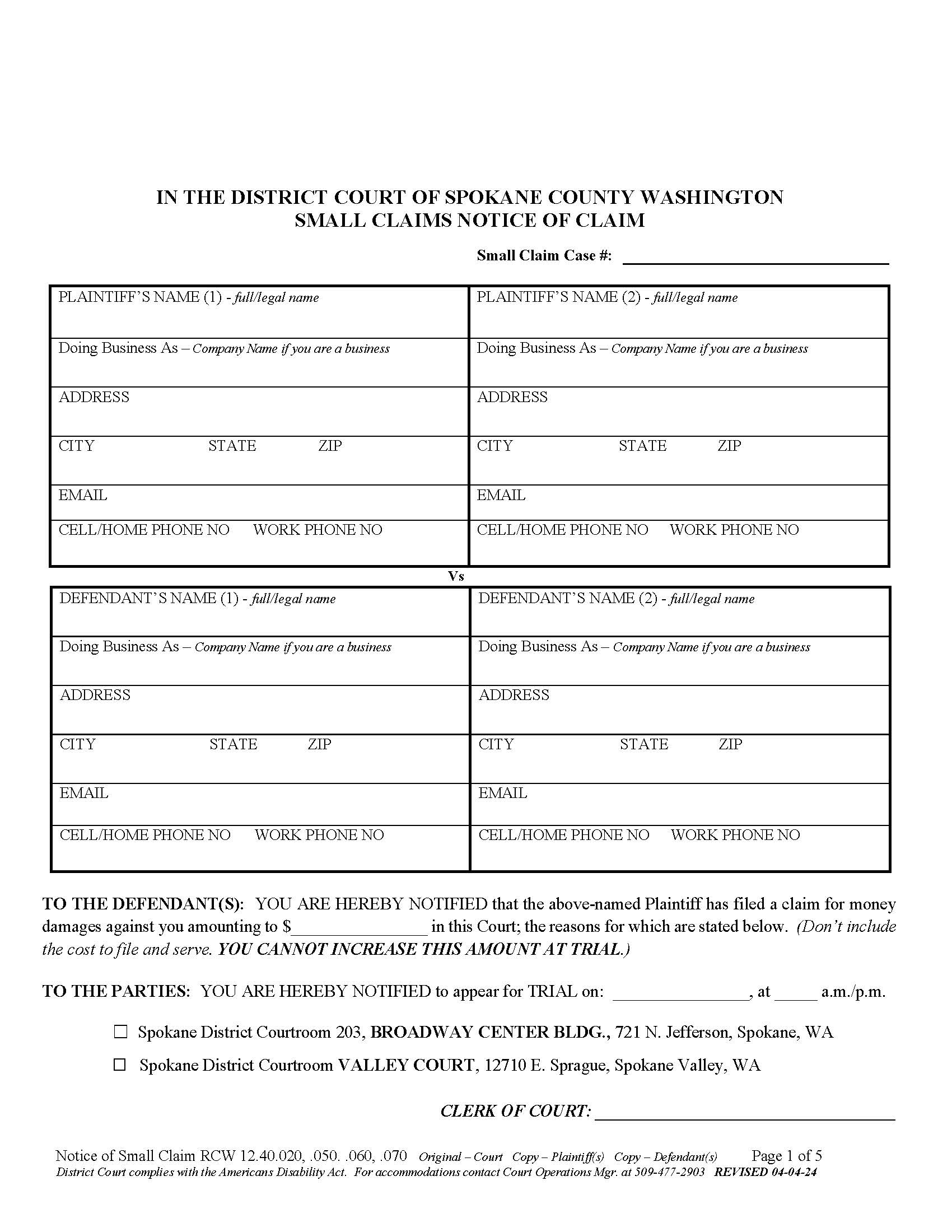 Notice Of Small Claim | Pdf Fpdf Doc Docx | Washington