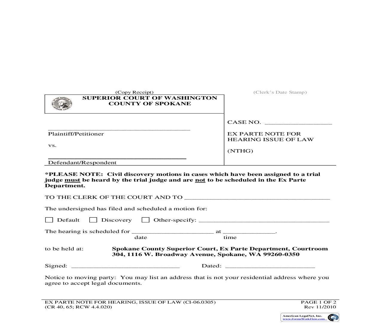 Ex Parte Note For Hearing Issue Of Law | Pdf Fpdf Doc Docx | Washington