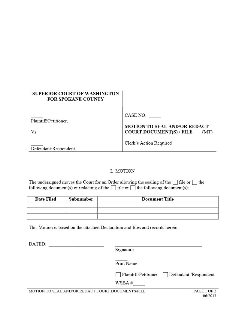 Motion To Seal Redact Court Documents | Pdf Fpdf Docx | Washington