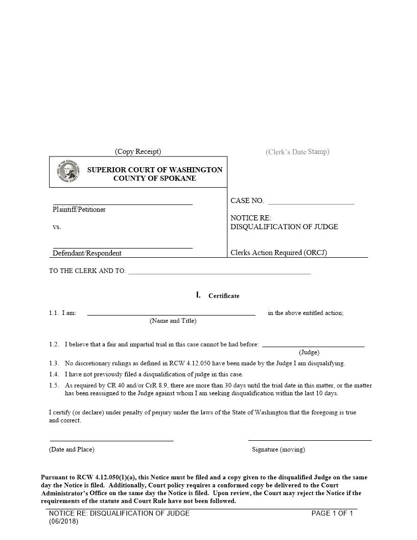 Notice Re Disqualification Of Judge | Pdf Fpdf Docx | Washington