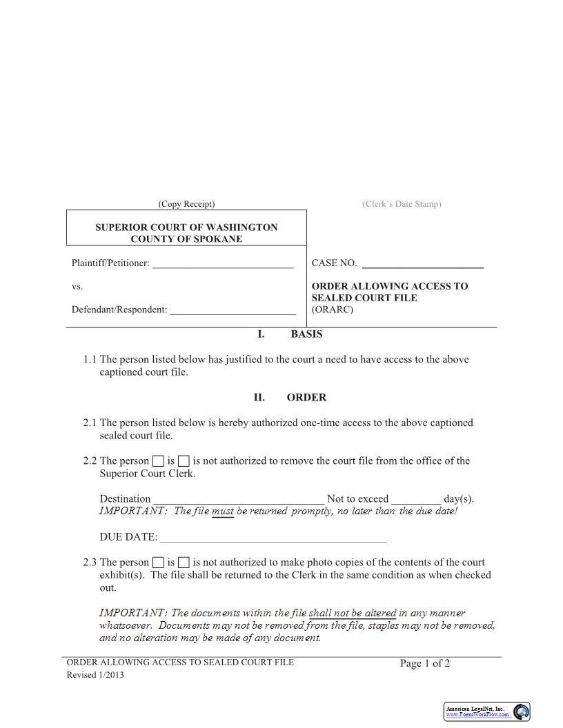 Order Allowing Access To Sealed Court File | Pdf Fpdf Docx | Washington