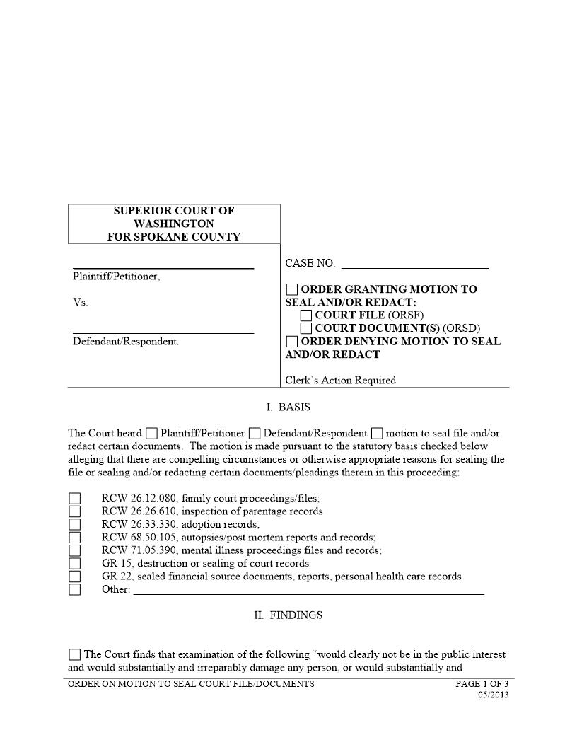 Order Granting Motion To Seal Redact | Pdf Fpdf Docx | Washington