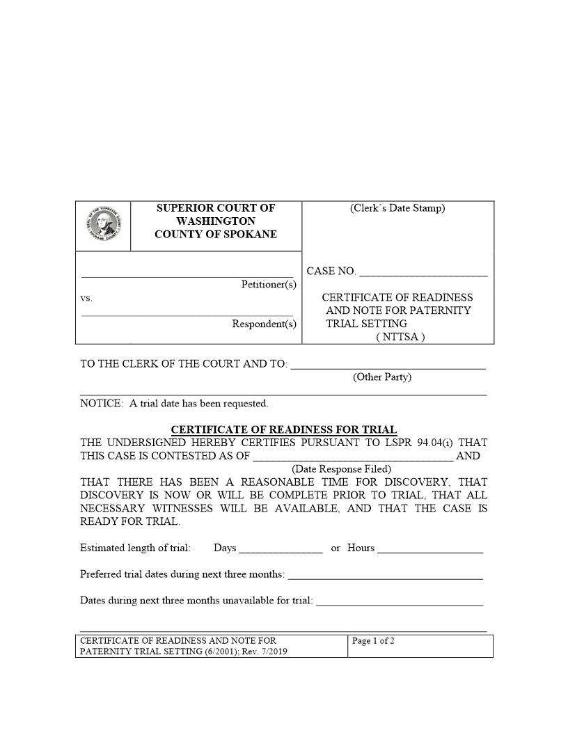 Certificate Of Readiness And Note For Paternity Trial Setting | Pdf Fpdf Doc Docx | Washington