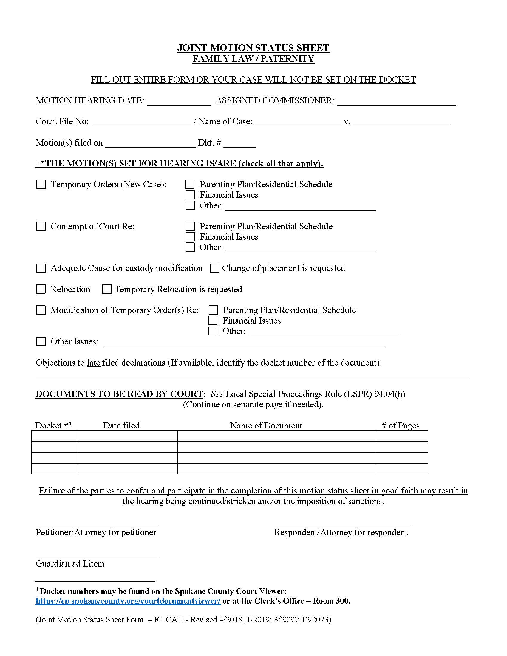 Family Law Paternity Motion Status Report | Pdf Fpdf Doc Docx | Washington