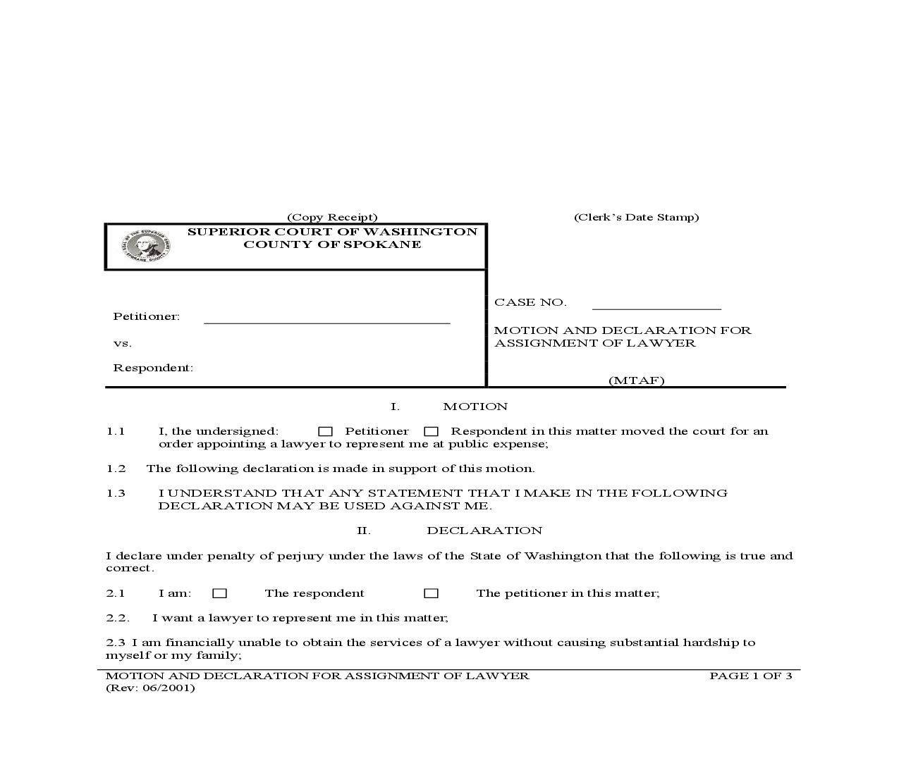 Motion And Declaration For Assignment Of Lawyer | Pdf Fpdf Doc Docx | Washington