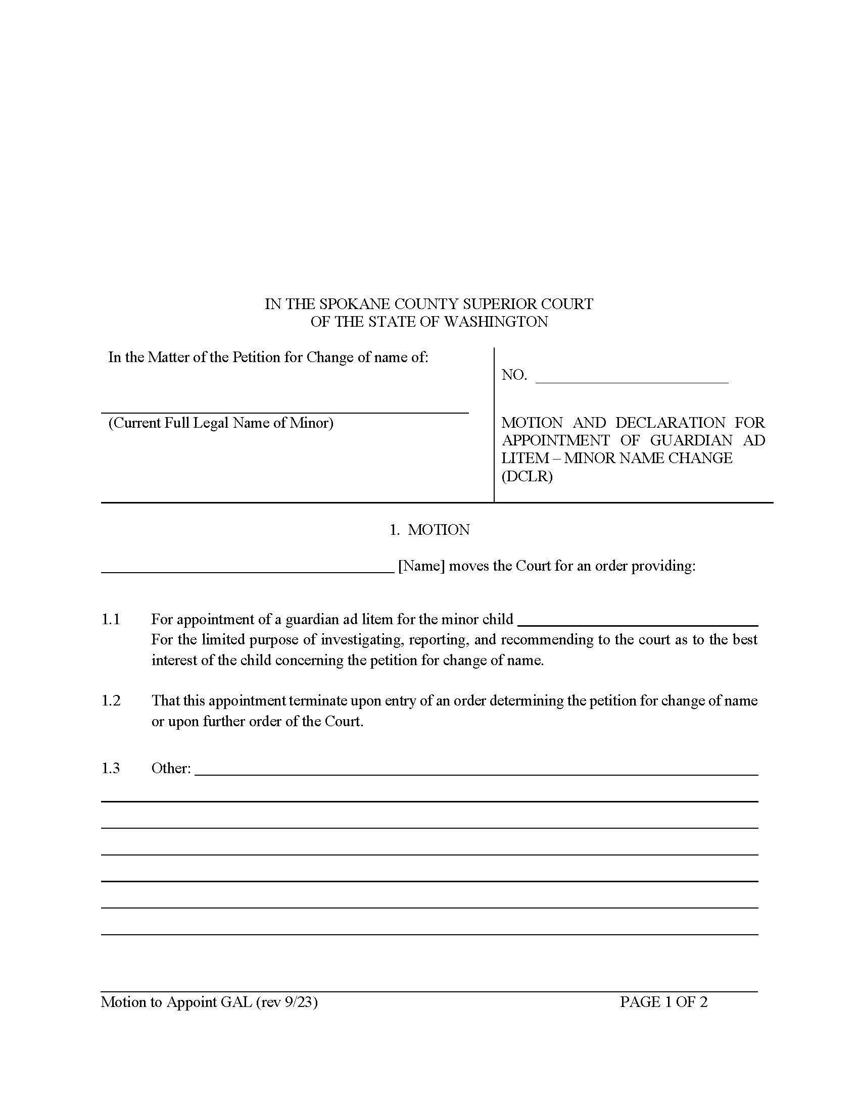 Motion And Declaration For Order Appointing Guardian Ad Litem | Pdf Fpdf Doc Docx | Washington