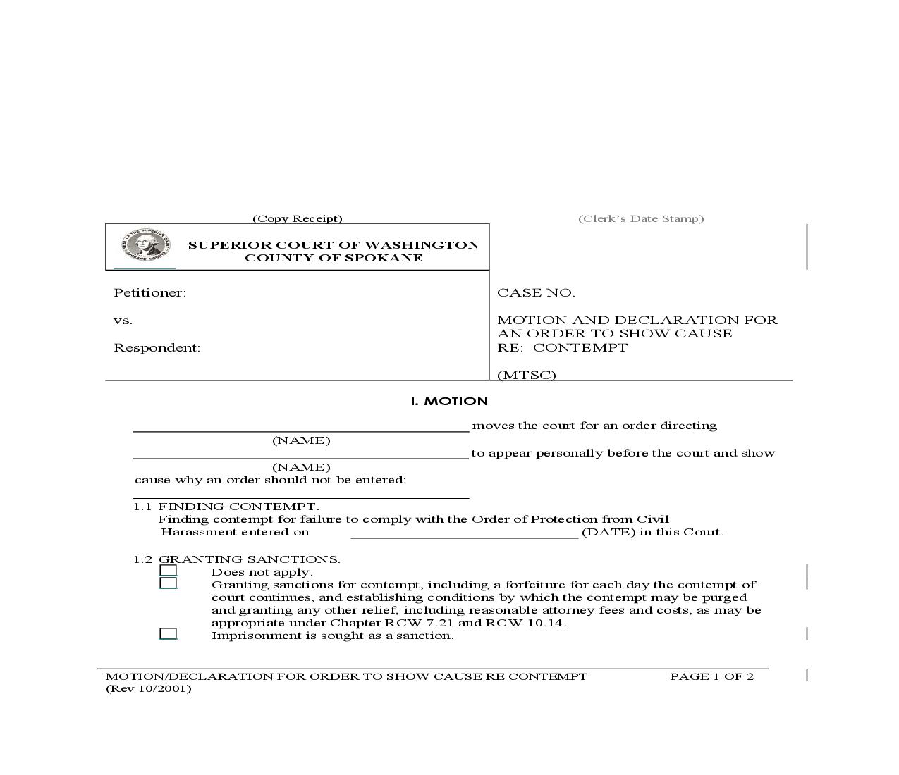 Motion And Declaration For Order To Show Cause Re Contempt | Pdf Fpdf Doc Docx | Washington