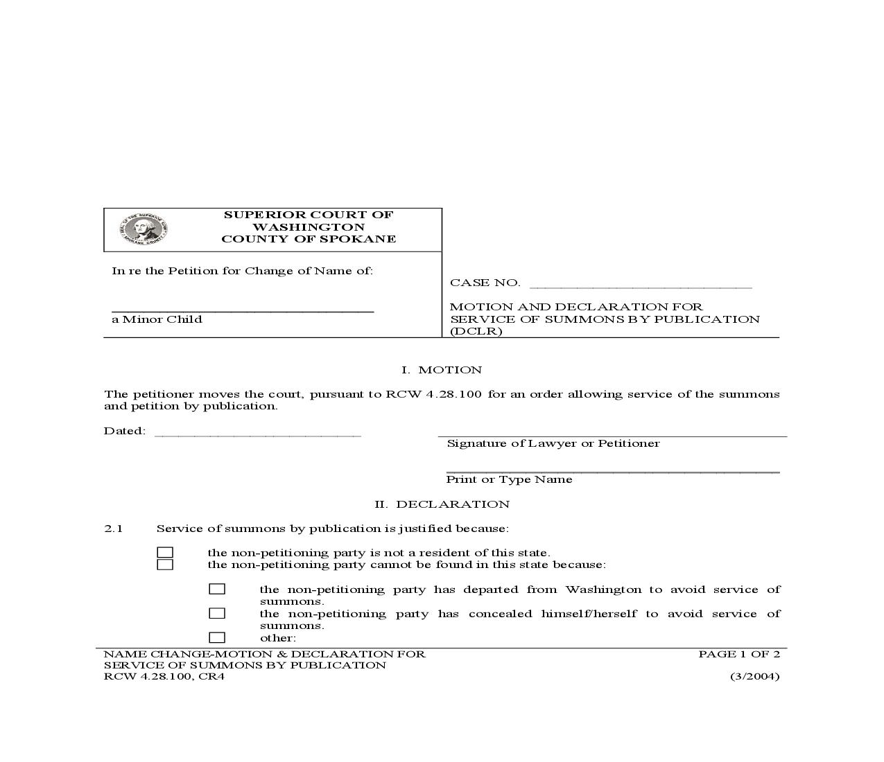 Motion And Declaration For Service Of Summons By Publication (Name Change) | Pdf Fpdf Doc Docx | Washington