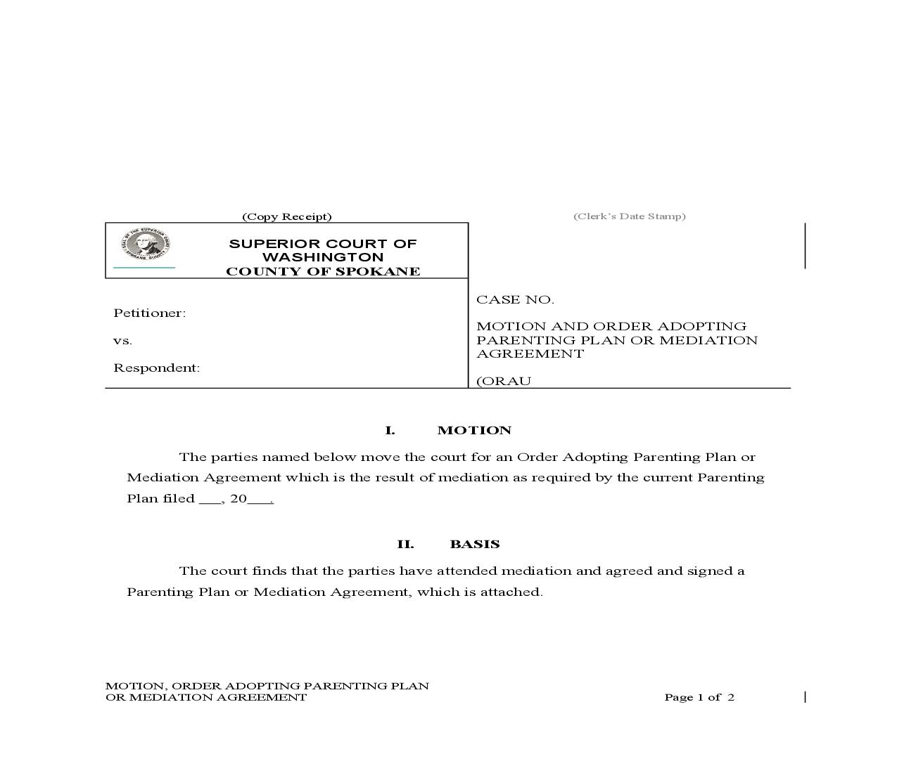 Motion And Order Adopting Parenting Plan Or Mediation Agreement | Pdf Fpdf Doc Docx | Washington