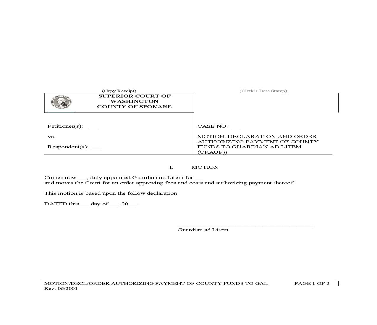 Motion Declaration And Order Authorizing Payment Of County Funds To Guardian Ad Litem | Pdf Fpdf Doc Docx | Washington