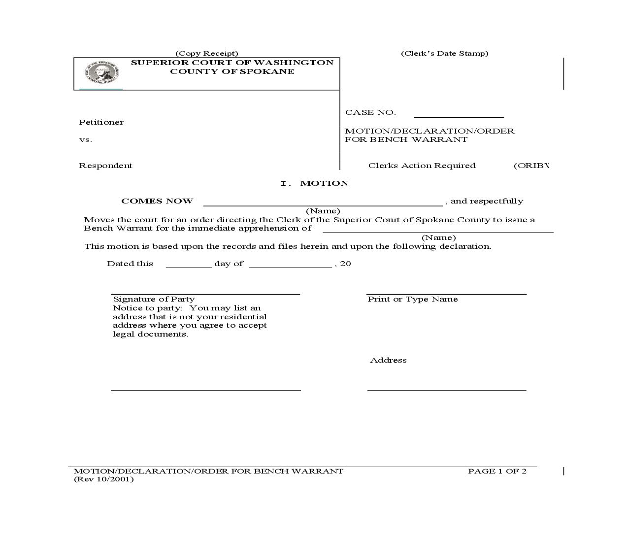 Motion Declaration Order For Bench Warrant | Pdf Fpdf Doc Docx | Washington