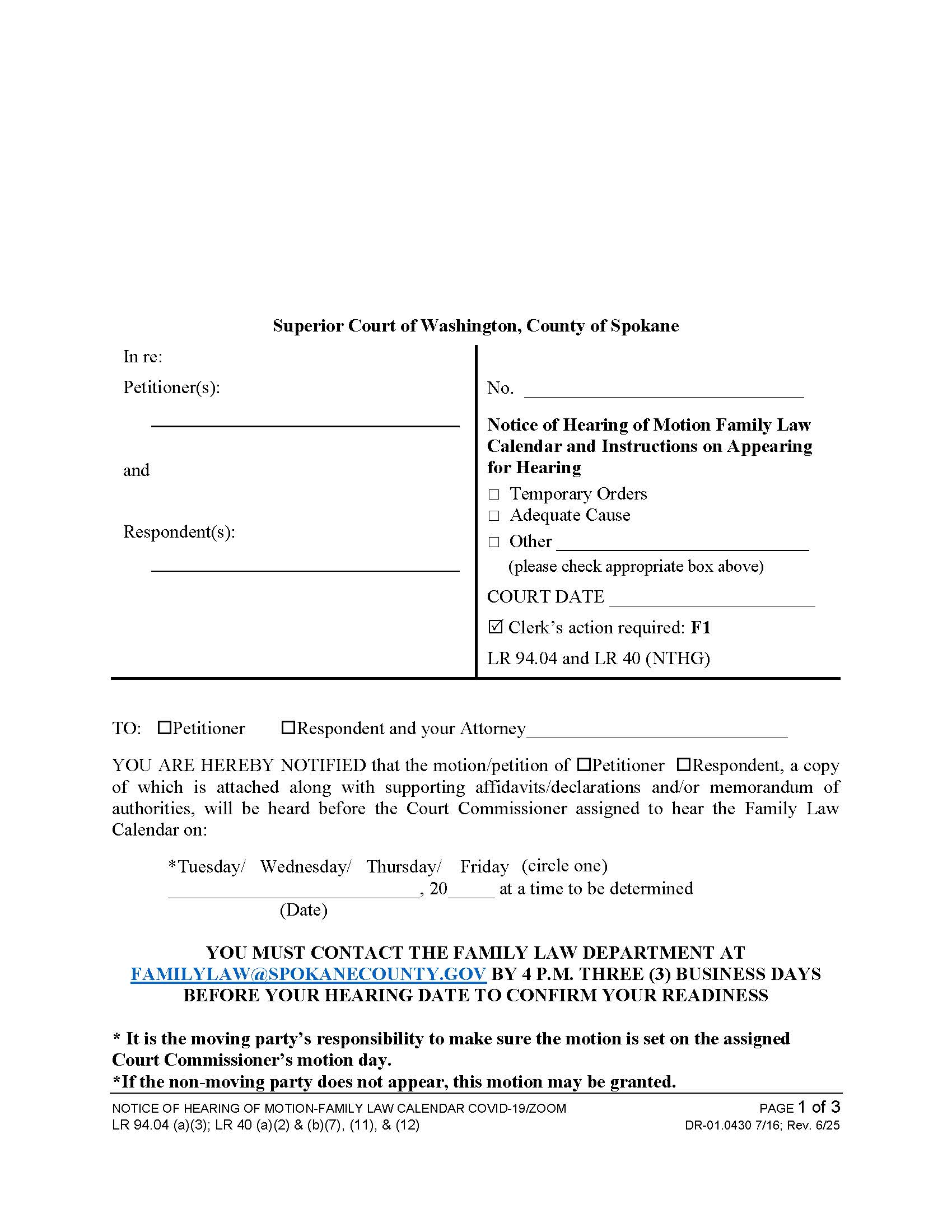 Notice Of Hearing Of Motion Family Law Calendar | Pdf Fpdf Doc Docx | Washington