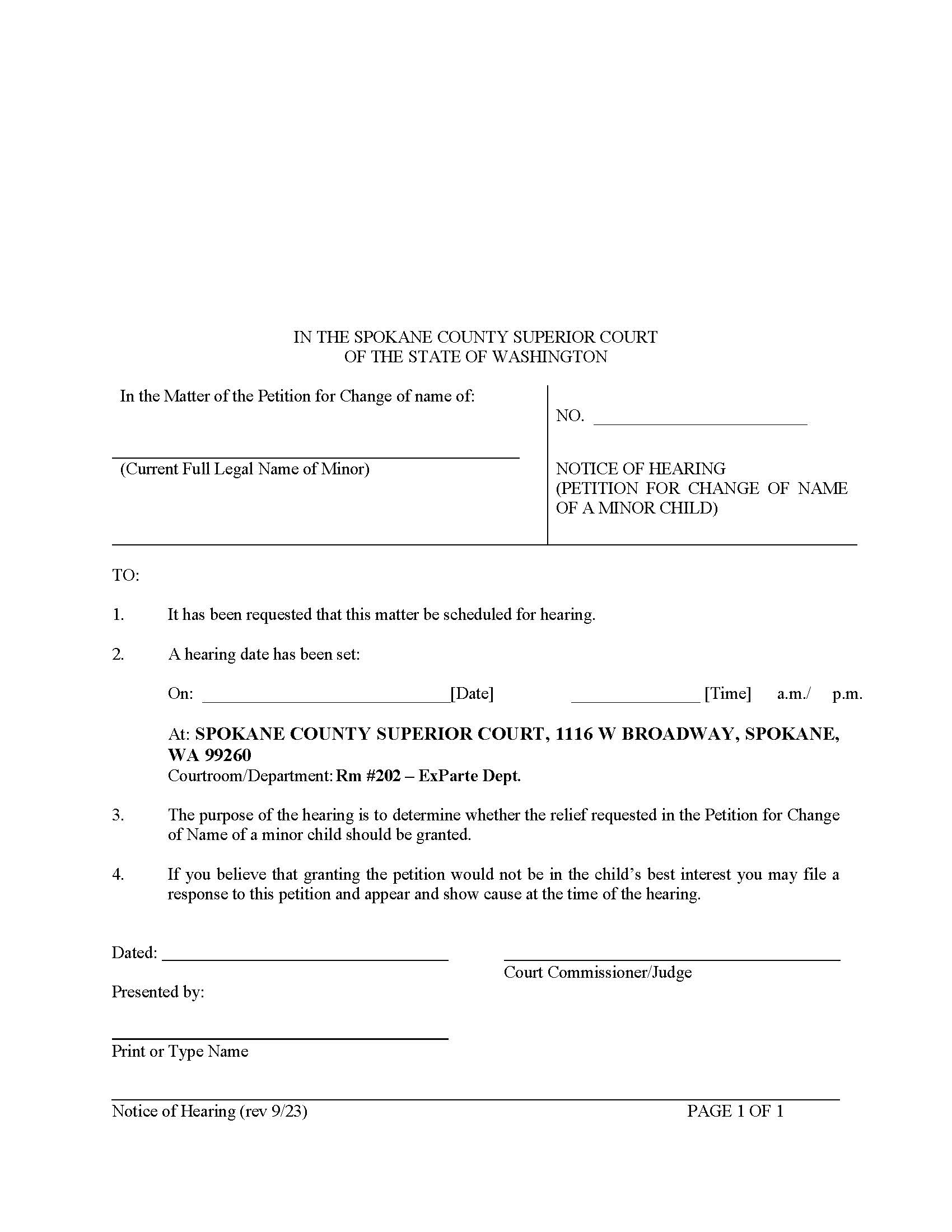 Notice Of Hearing Petition For Change Of Name Of Minor Child | Pdf Fpdf Doc Docx | Washington