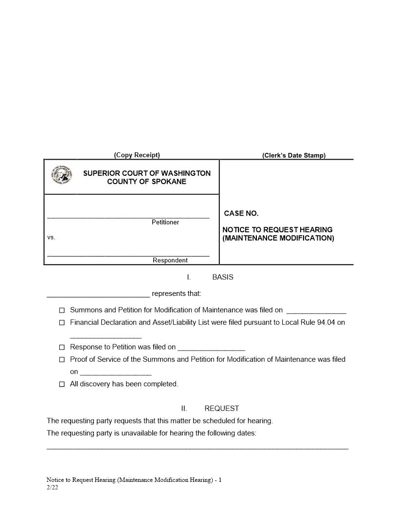 Notice To Request Hearing Maintenance Modification | Pdf Fpdf Doc Docx | Washington