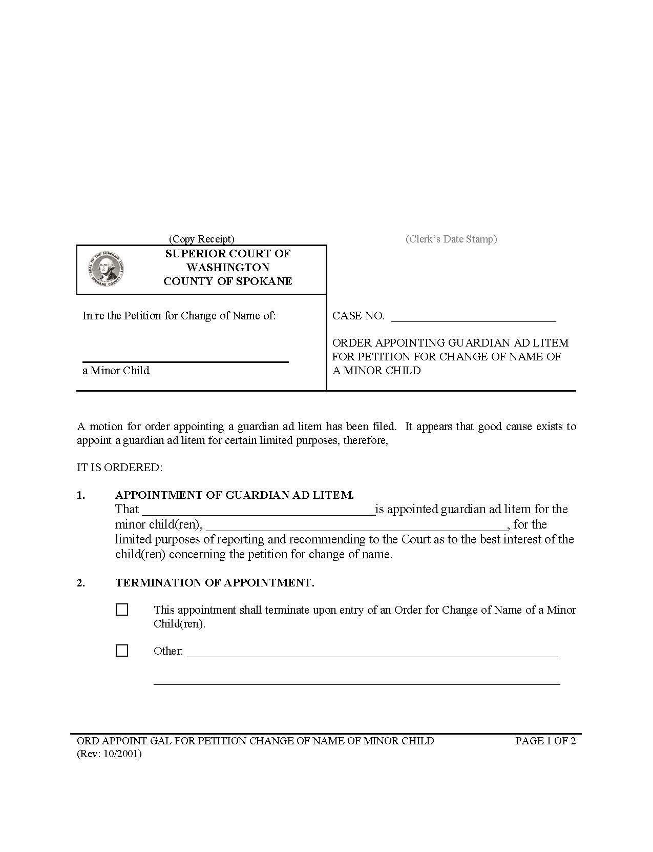 Order Appointing GAL For Petition Change Of Name Minor | Pdf Fpdf Doc Docx | Washington