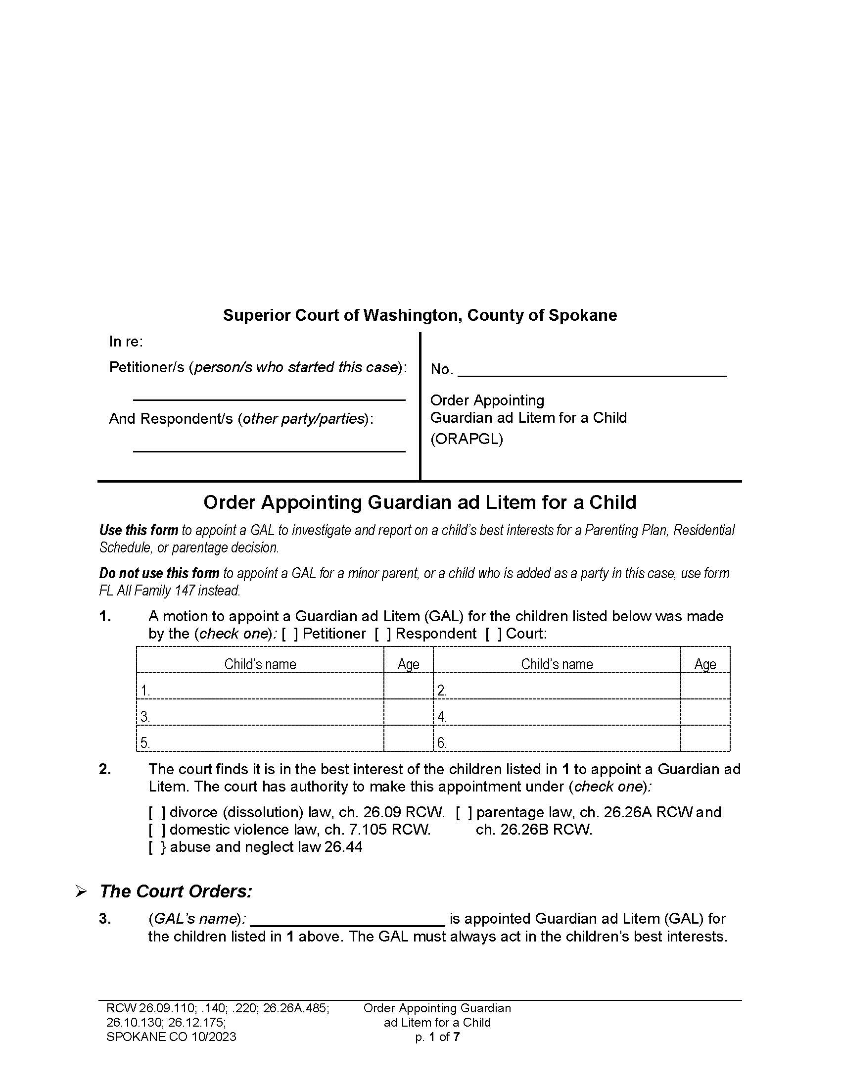 Order Appointing Guardian Ad Litem On Behalf Of Minor | Pdf Fpdf Doc Docx | Washington