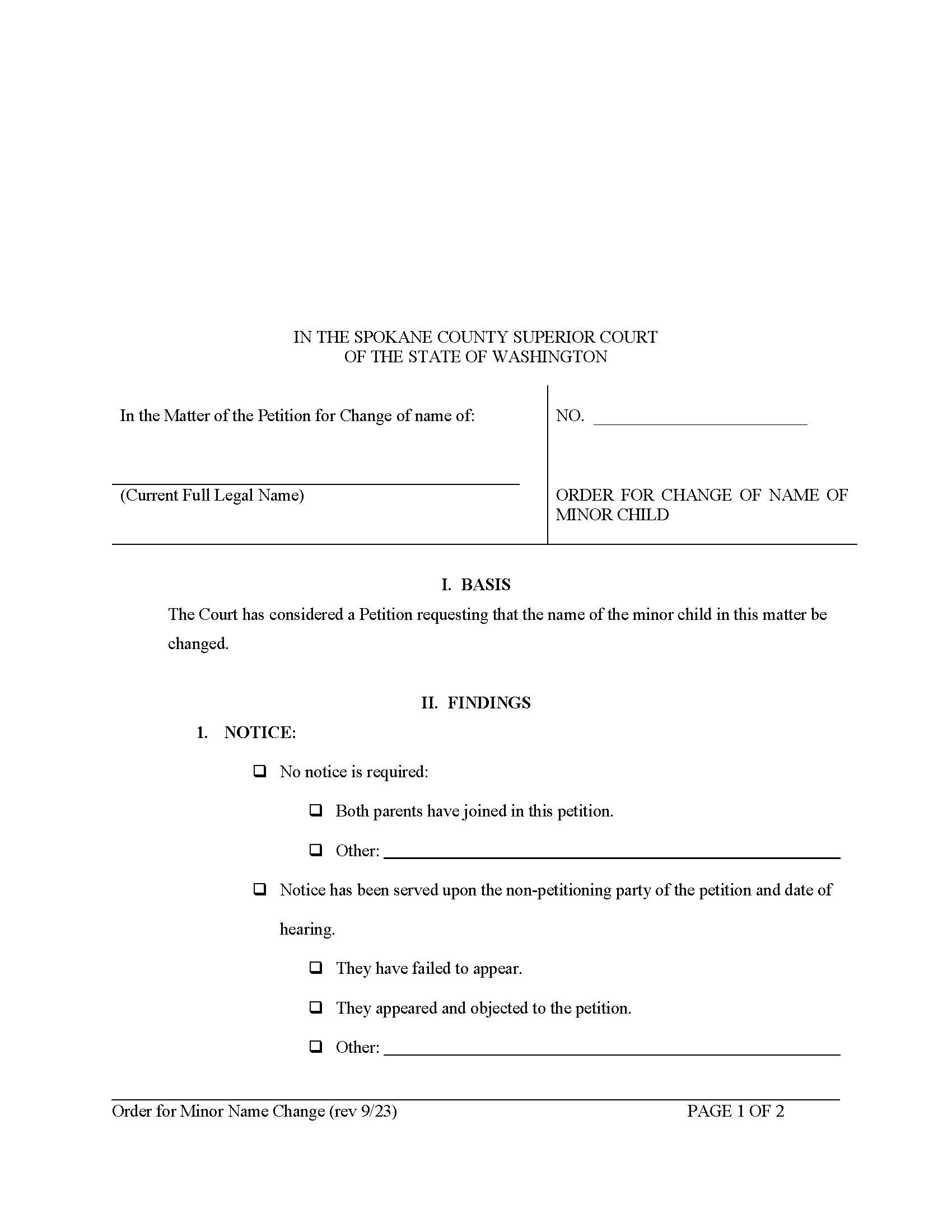 Order For Change Of Name Of Minor Child | Pdf Fpdf Doc Docx | Washington