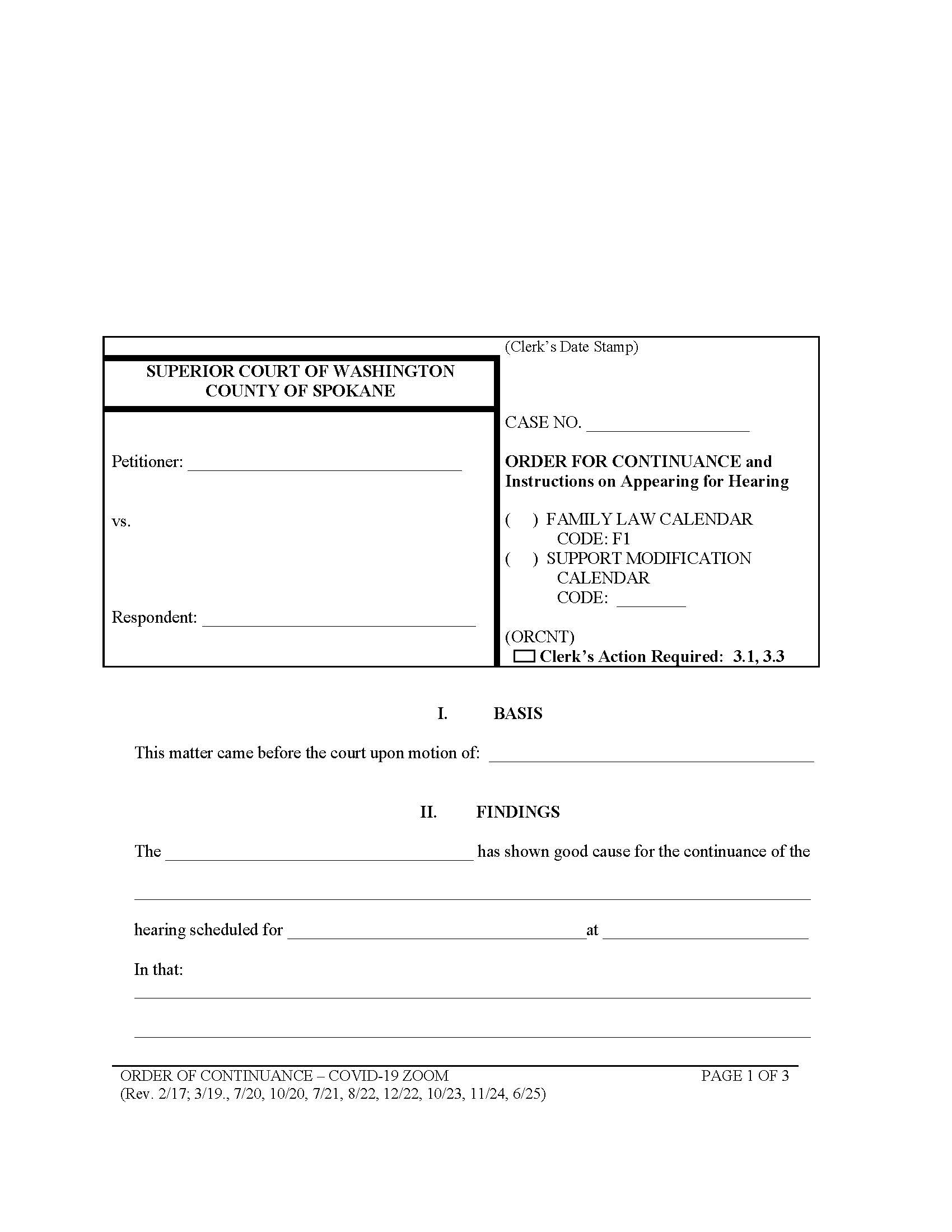 Order For Continuance Family Law Or Support Modification Calendar | Pdf Fpdf Doc Docx | Washington