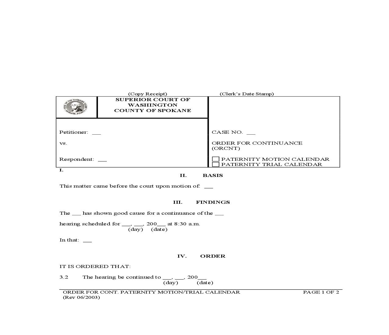 Order For Continuance Paternity Motion Or Trial Calendar | Pdf Fpdf Doc Docx | Washington
