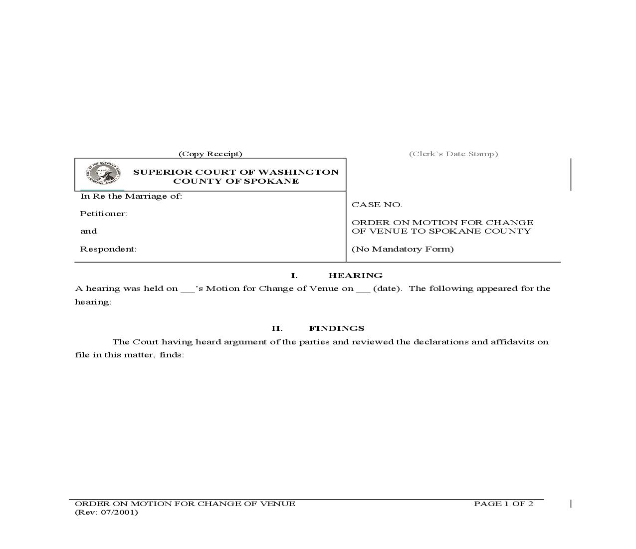 Order On Motion For Change Of Venue To Spokane County | Pdf Fpdf Doc Docx | Washington