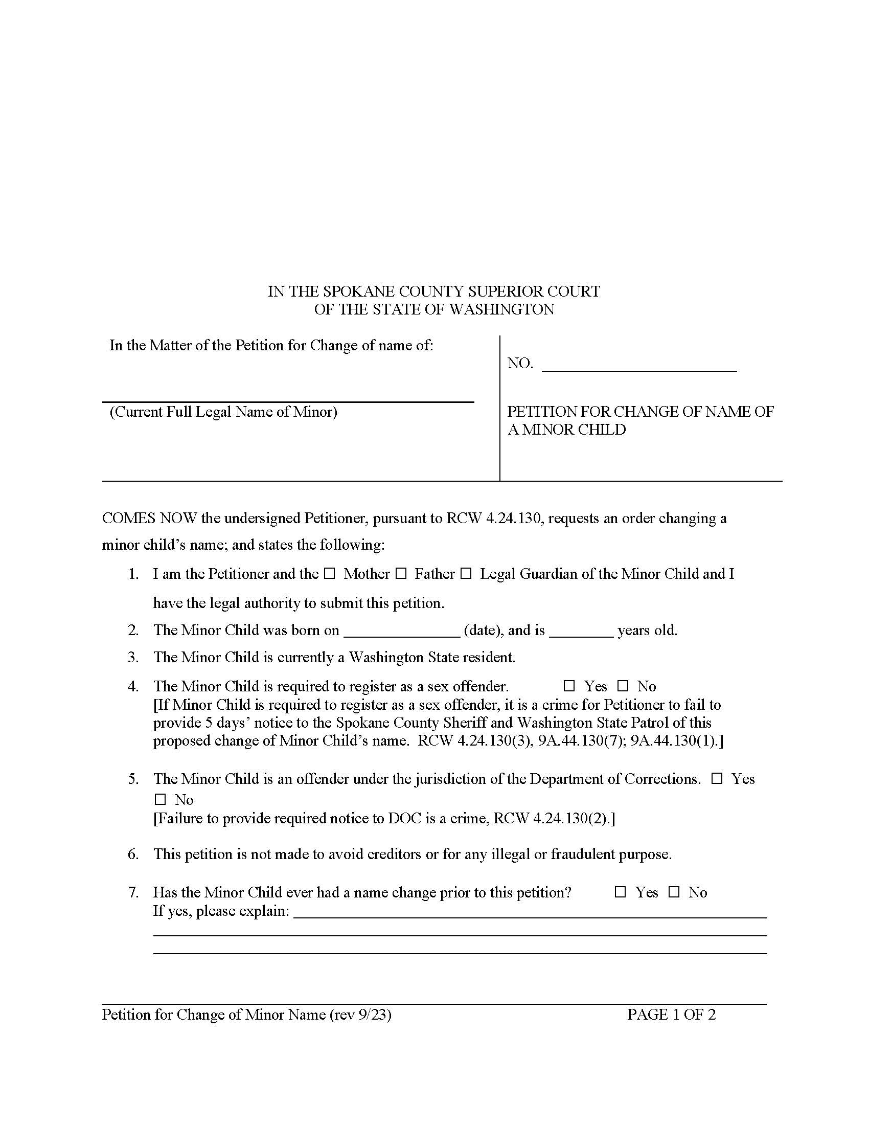 Petition For Change Of Name Of Minor Child | Pdf Fpdf Doc Docx | Washington