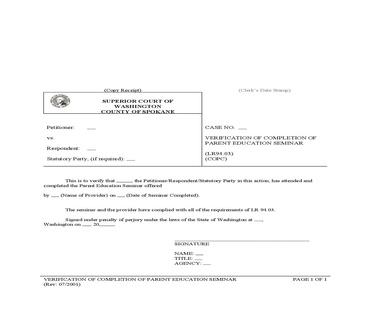 Verification Of Completion Of Parent Education Seminar | Pdf Fpdf Doc Docx | Washington