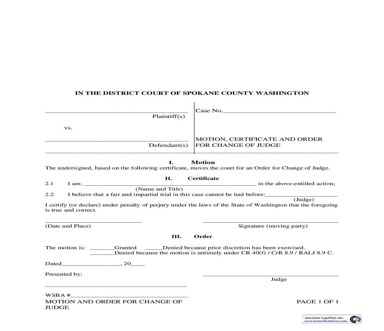 Motion Certificate And Order For Change Of Judge | Pdf Fpdf Doc Docx | Washington