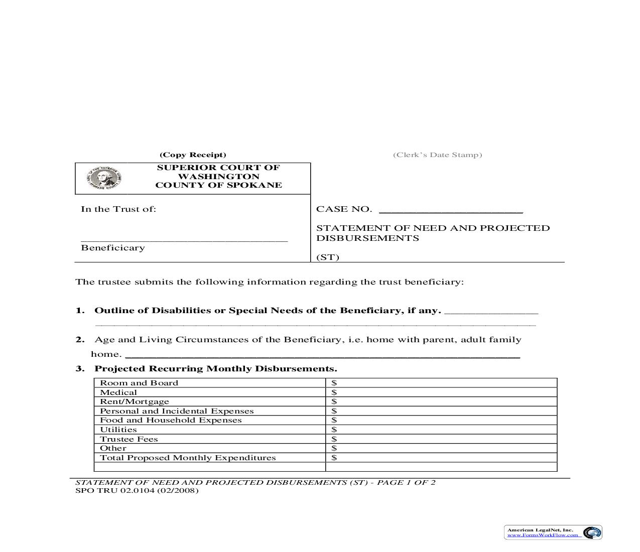 Statement Of Need And Projected Disbursements {104} | Pdf Fpdf Doc Docx | Washington